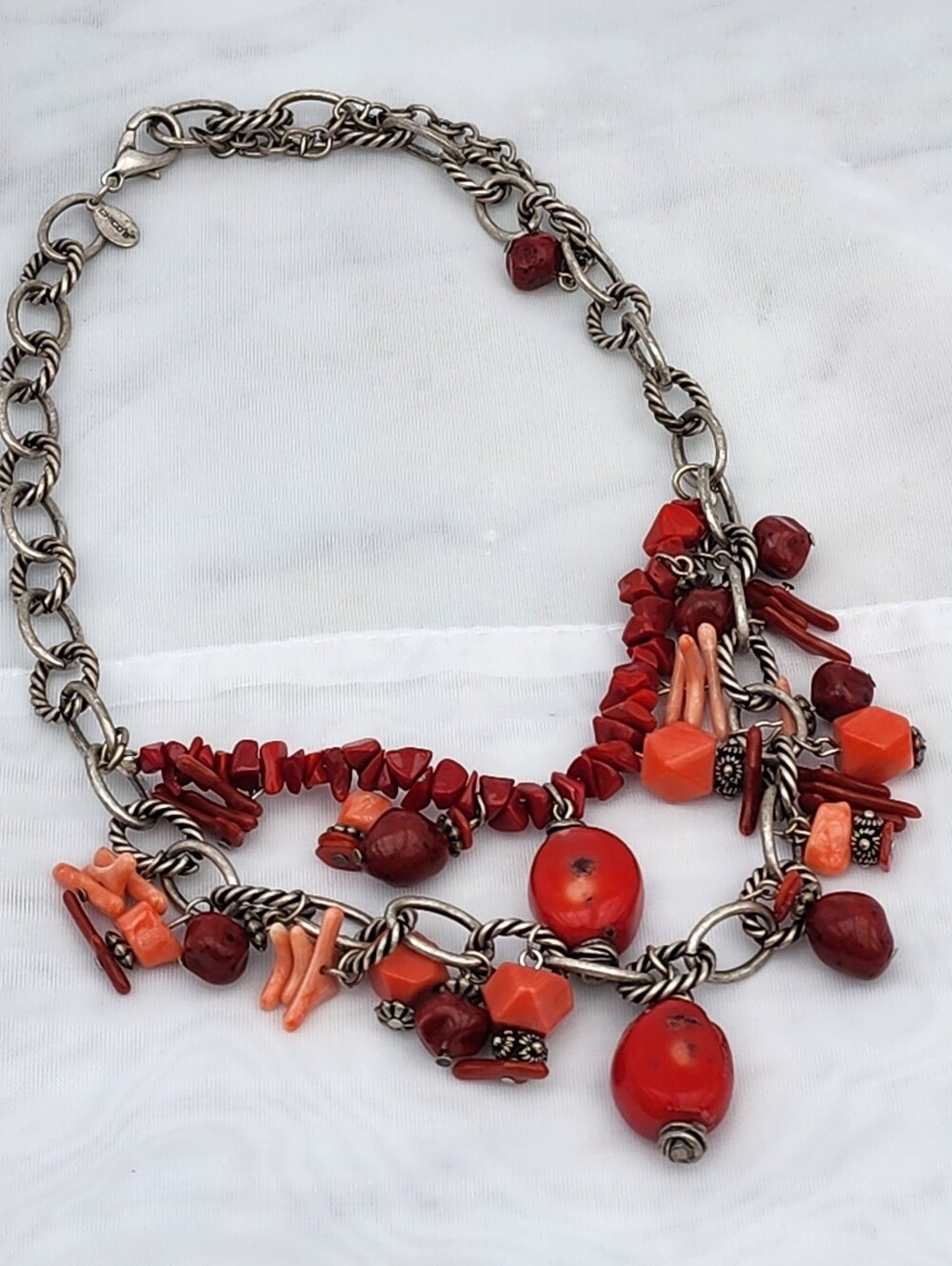 Bamboo Coral Necklace by Chico's Silver Tone Chain Red Pink Orange Stones 16"